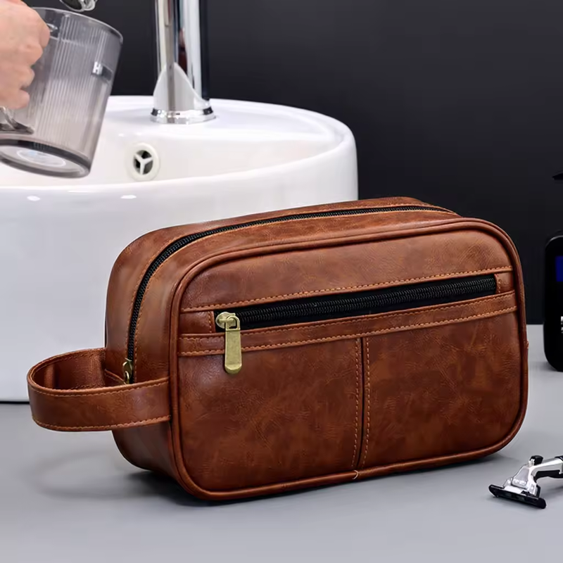 Contrast Color Men's PU Wash Bag Medium Capacity Waterproof Zipper Closure Side Handle Portable Cosmetic Storage Travel Fitness