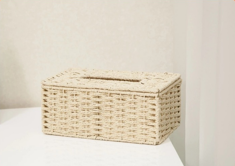 Vintage Rattan Fabrics Napkin Box Container With Lid