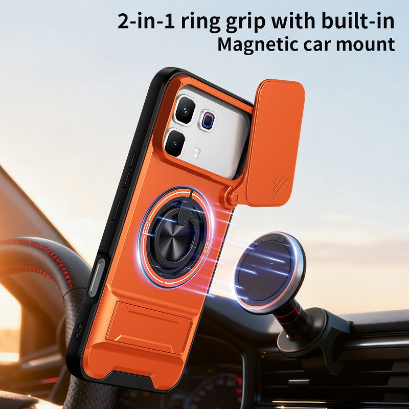 Luxury Slide Camera Lens Cover Case for Infinix Note 60 Pro 5G, Built-in Ring Stand and Folding Stand Magnetic Protective Case