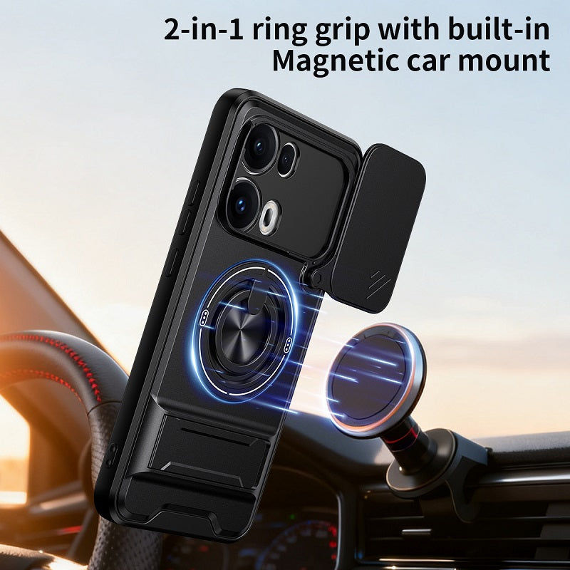 Luxury Slide Camera Lens Cover Case for OPPO Reno 13 Pro 5G, Built-in Ring Stand and Folding Stand Magnetic Protective Case
