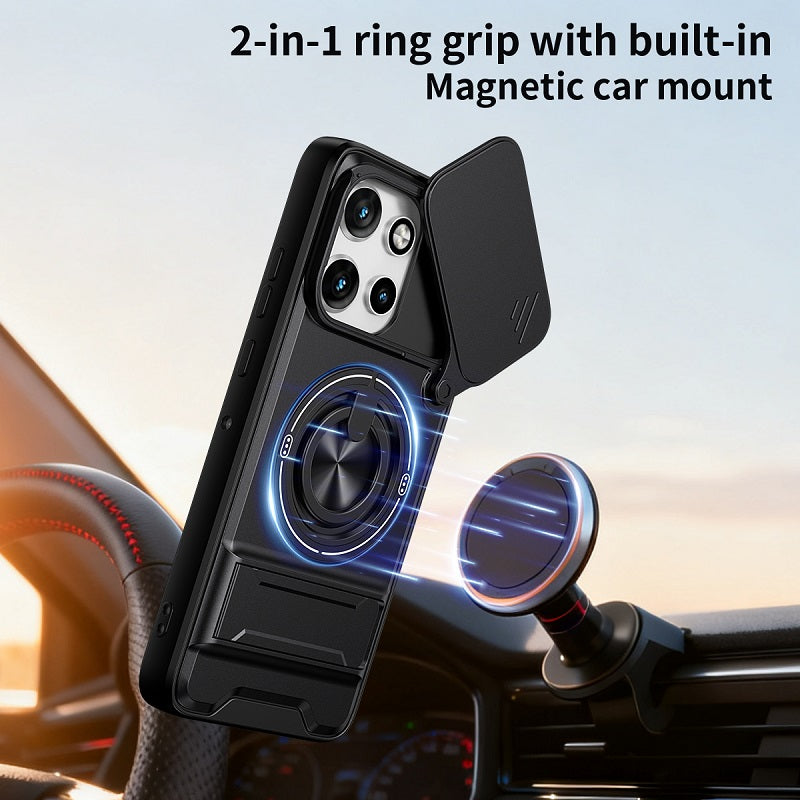 Luxury Slide Camera Lens Cover Case for Motorola Edge 50 Neo 5G, Built-in Ring Stand and Folding Stand Magnetic Protective Case