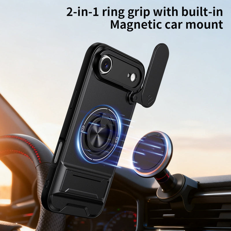 Luxury Slide Camera Lens Cover Case for iPhone 17 Air, Built-in Ring Stand and Folding Stand Magnetic Protective Case