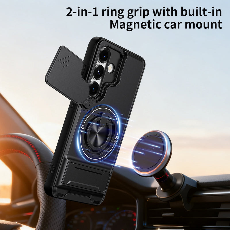 Luxury Slide Camera Lens Cover Case for Samsung Galaxy S25, Built-in Ring Stand and Folding Stand Magnetic Protective Case