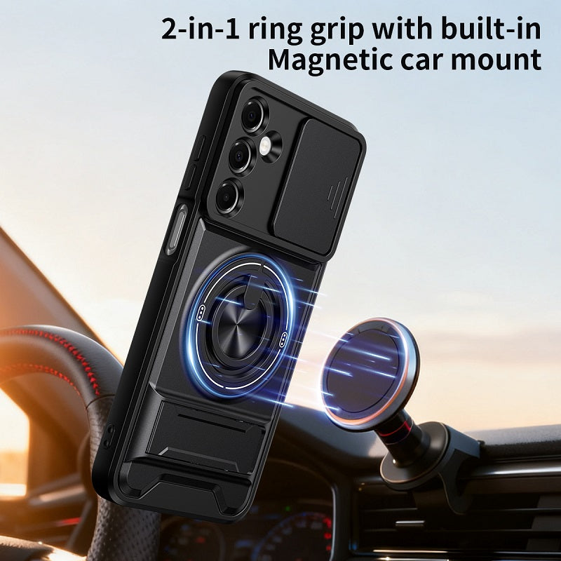 Luxury Slide Camera Lens Cover Case for Samsung Galaxy A16 5G/4G, Built-in Ring Stand and Folding Stand Magnetic Protective Case