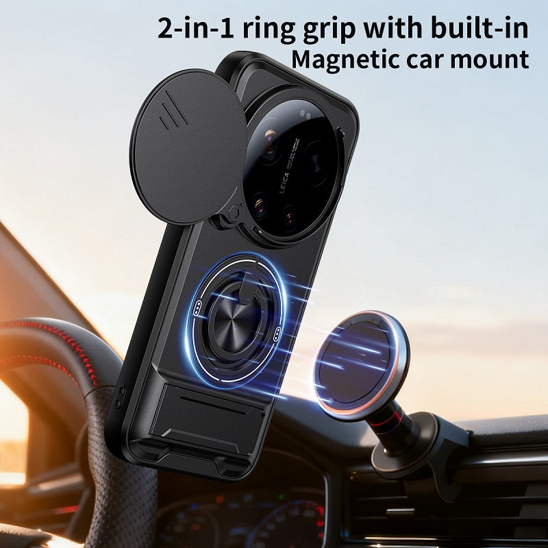 Luxury Slide Camera Lens Cover Case for Xiaomi 17 Ultra 5G, Built-in Ring Stand and Folding Stand Magnetic Protective Case