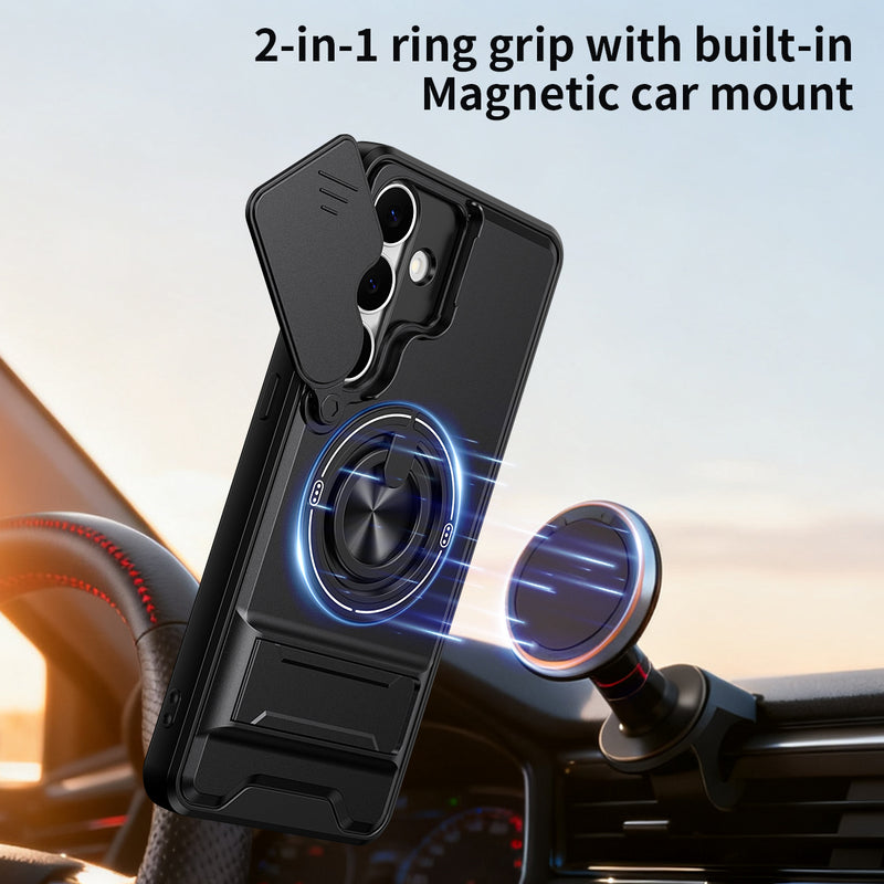 Luxury Slide Camera Lens Cover Case for Samsung Galaxy S25 FE, Built-in Ring Stand and Folding Stand Magnetic Protective Case