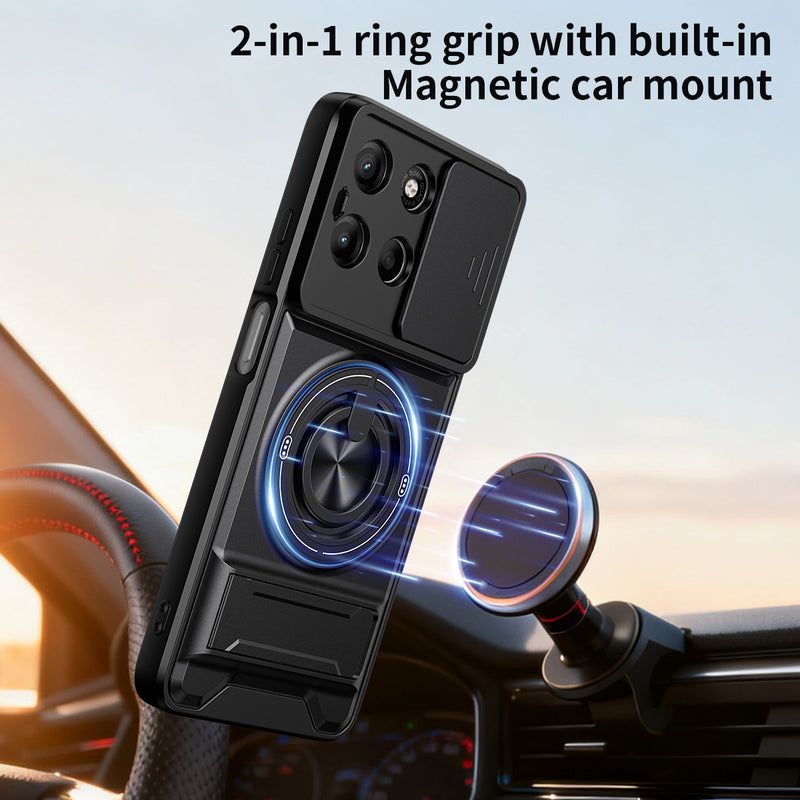 Luxury Slide Camera Lens Cover Case for Motorola Moto G15 4G, Built-in Ring Stand and Folding Stand Magnetic Protective Case