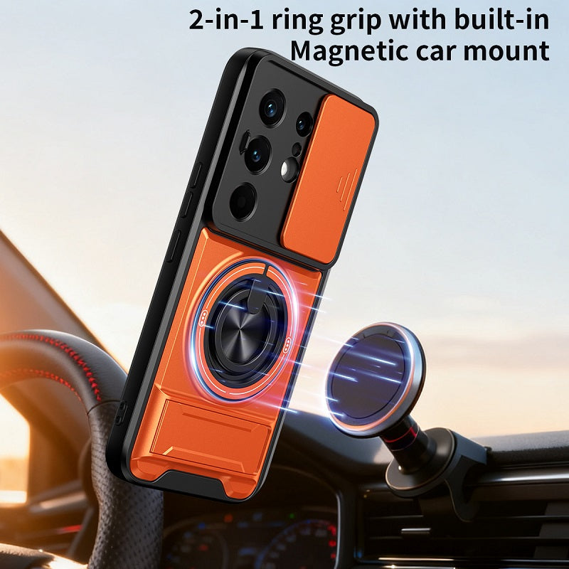 Luxury Slide Camera Lens Cover Case for Tecno Camon 50 Pro 4G, Built-in Ring Stand and Folding Stand Magnetic Protective Case