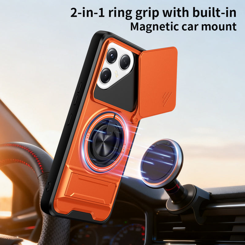 Luxury Slide Camera Lens Cover Case for Tecno Pova 7 Ultra 5G, Built-in Ring Stand and Folding Stand Magnetic Protective Case
