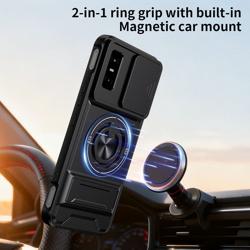 Luxury Slide Camera Lens Cover Case for Infinix GT 30 Pro 5G, Built-in Ring Stand and Folding Stand Magnetic Protective Case