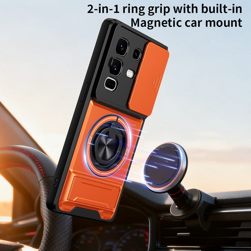 Luxury Slide Camera Lens Cover Case for Infinix Note 50 Pro+/Plus 5G, Built-in Ring Stand and Folding Stand Magnetic Protective Case