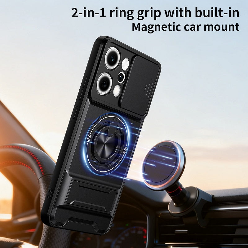 Luxury Slide Camera Lens Cover Case for OPPO Reno 14 Pro 5G, Built-in Ring Stand and Folding Stand Magnetic Protective Case