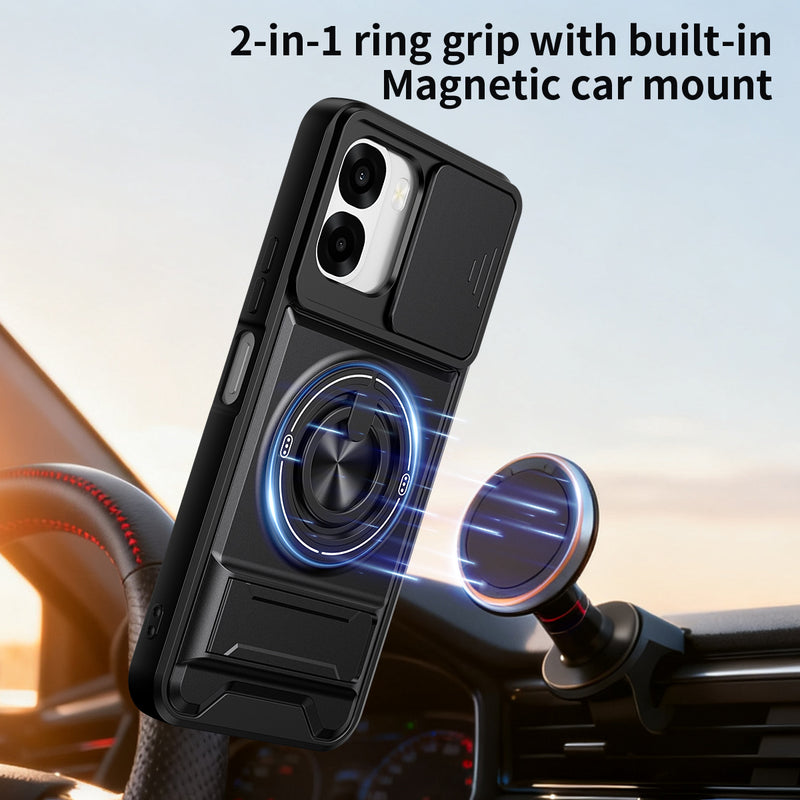 Luxury Slide Camera Lens Cover Case for OPPO A6X 5G/4G, Built-in Ring Stand and Folding Stand Magnetic Protective Case