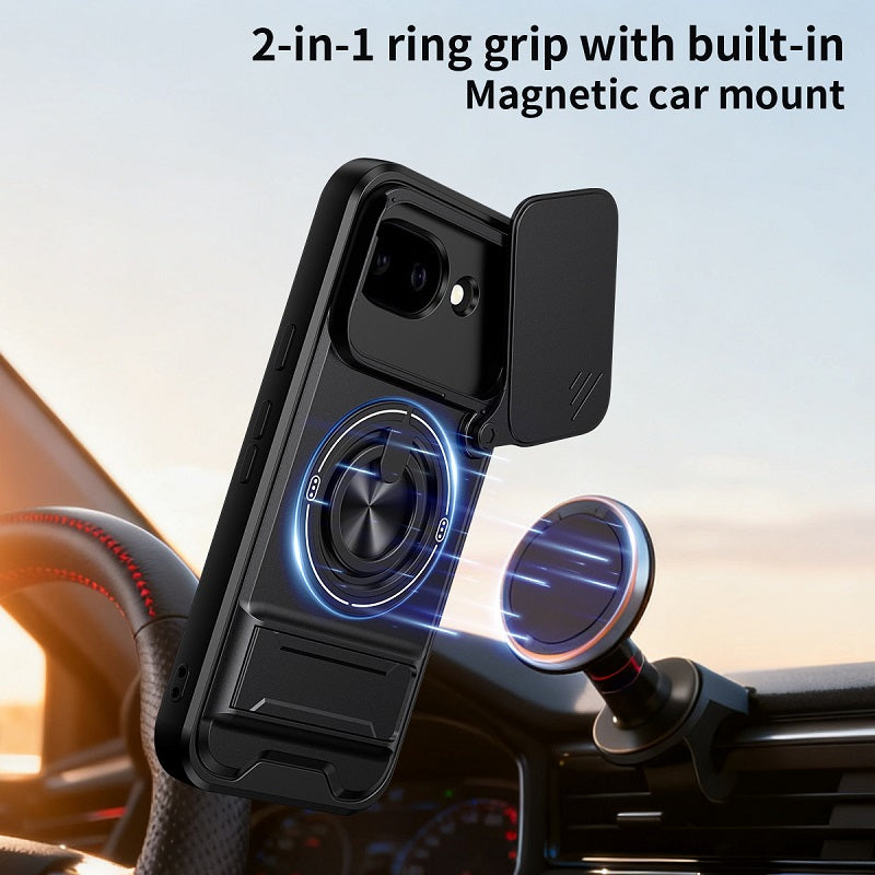Luxury Slide Camera Lens Cover Case for Google Pixel 10A, Built-in Ring Stand and Folding Stand Magnetic Protective Case