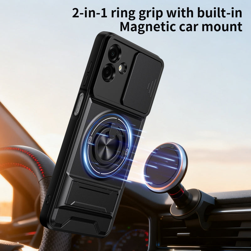Luxury Slide Camera Lens Cover Case for Samsung Galaxy A07 4G, Built-in Ring Stand and Folding Stand Magnetic Protective Case