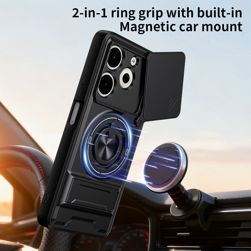 Luxury Slide Camera Lens Cover Case for Tecno Pova 6 Neo 4G, Built-in Ring Stand and Folding Stand Magnetic Protective Case