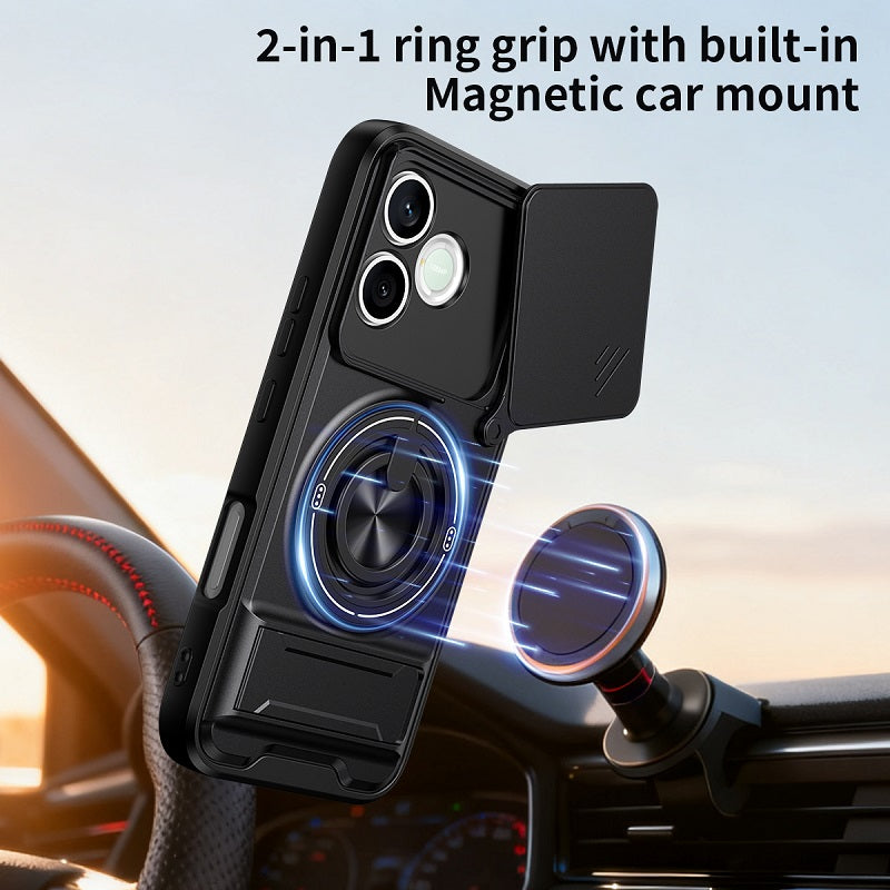 Luxury Slide Camera Lens Cover Case for Honor 600 Lite, Built-in Ring Stand and Folding Stand Magnetic Protective Case