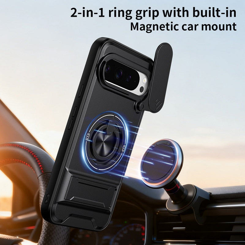 Luxury Slide Camera Lens Cover Case for Google Pixel 9 Pro XL, Built-in Ring Stand and Folding Stand Magnetic Protective Case