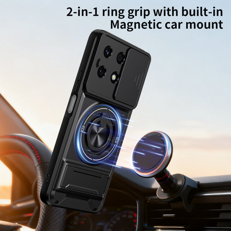 Luxury Slide Camera Lens Cover Case for Honor X8A 4G, Built-in Ring Stand and Folding Stand Magnetic Protective Case