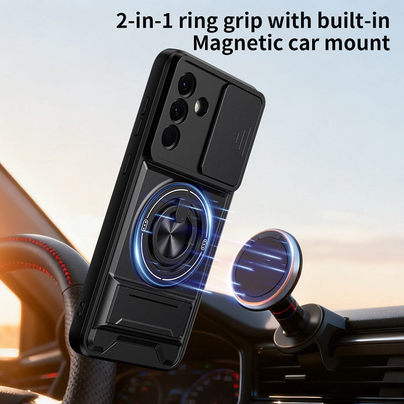 Luxury Slide Camera Lens Cover Case for Samsung Galaxy A56 5G, Built-in Ring Stand and Folding Stand Magnetic Protective Case