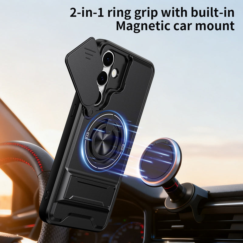 Luxury Slide Camera Lens Cover Case for Samsung Galaxy S24 FE, Built-in Ring Stand and Folding Stand Magnetic Protective Case