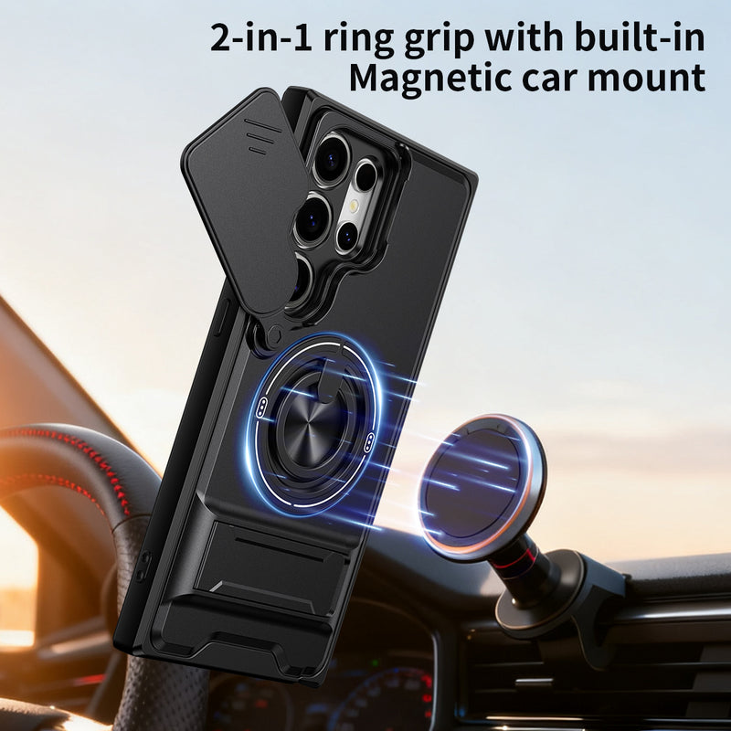 Luxury Slide Camera Lens Cover Case for Samsung Galaxy S24 Ultra, Built-in Ring Stand and Folding Stand Magnetic Protective Case