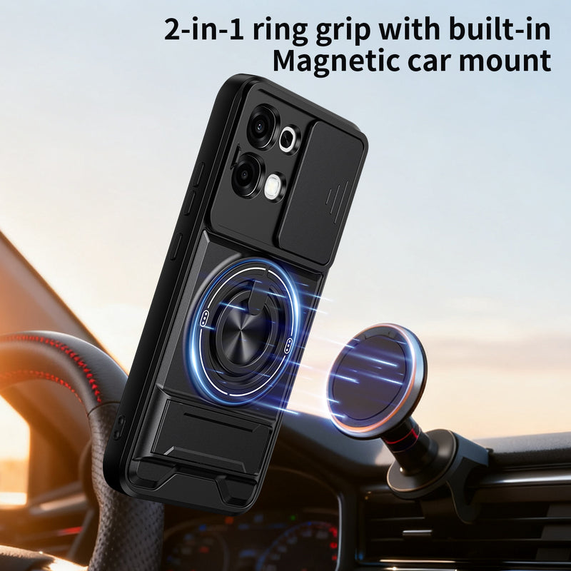 Luxury Slide Camera Lens Cover Case for OPPO A6 Pro 5G/4G, Built-in Ring Stand and Folding Stand Magnetic Protective Case
