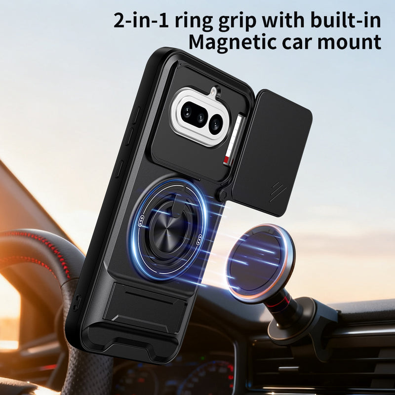 Luxury Slide Camera Lens Cover Case for Nothing Phone (4a) 5G, Built-in Ring Stand and Folding Stand Magnetic Protective Case