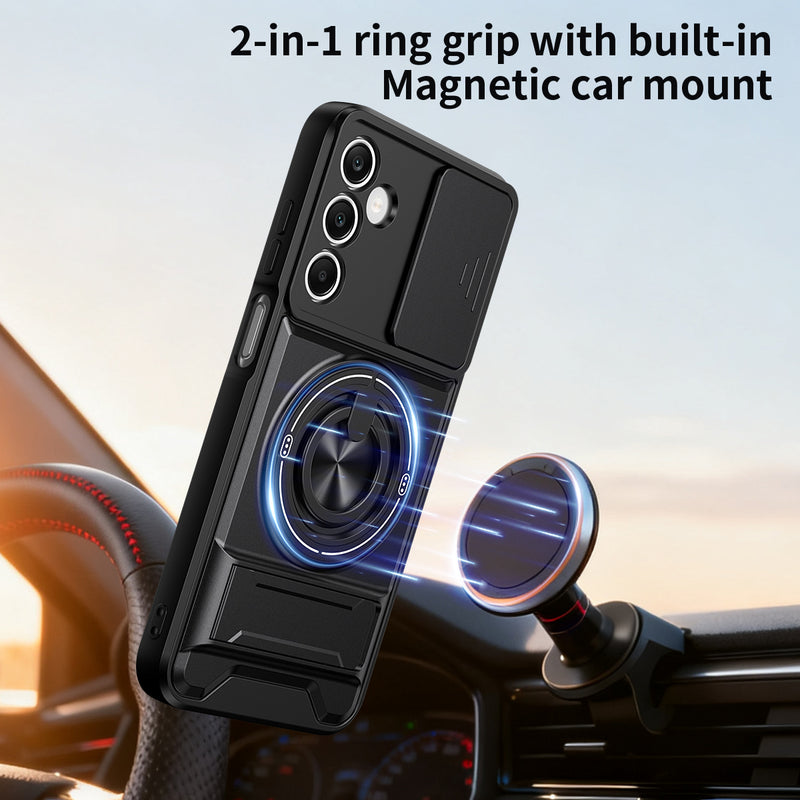 Luxury Slide Camera Lens Cover Case for Samsung Galaxy A25 5G, Built-in Ring Stand and Folding Stand Magnetic Protective Case