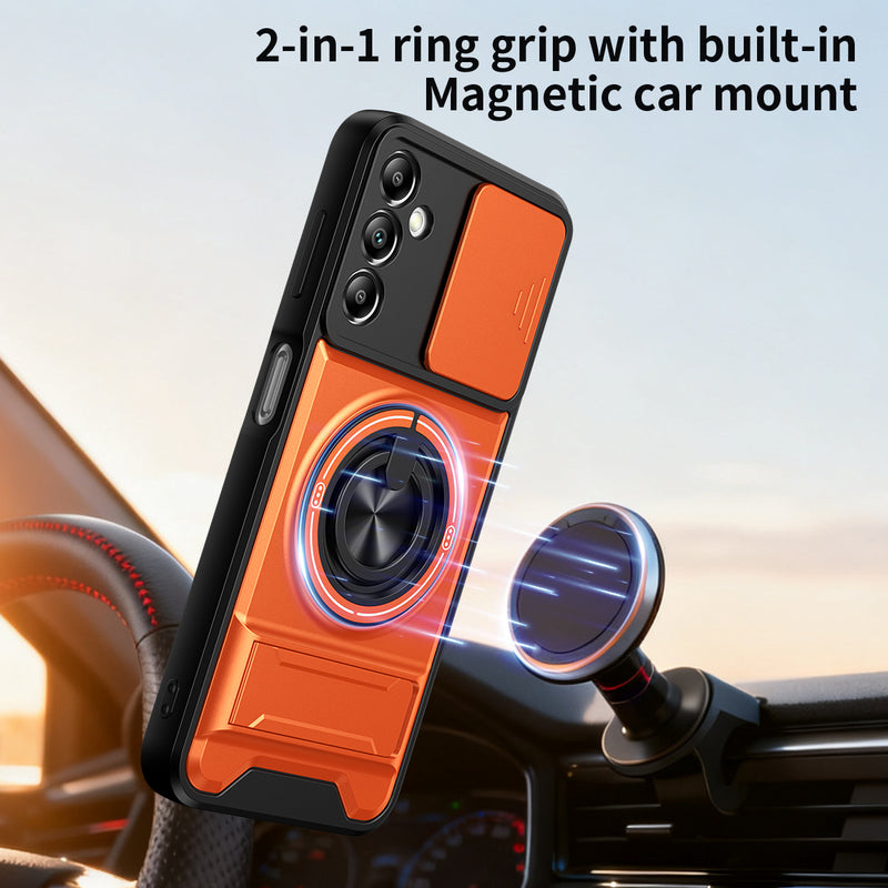 Luxury Slide Camera Lens Cover Case for Samsung Galaxy A14 5G/4G, Built-in Ring Stand and Folding Stand Magnetic Protective Case