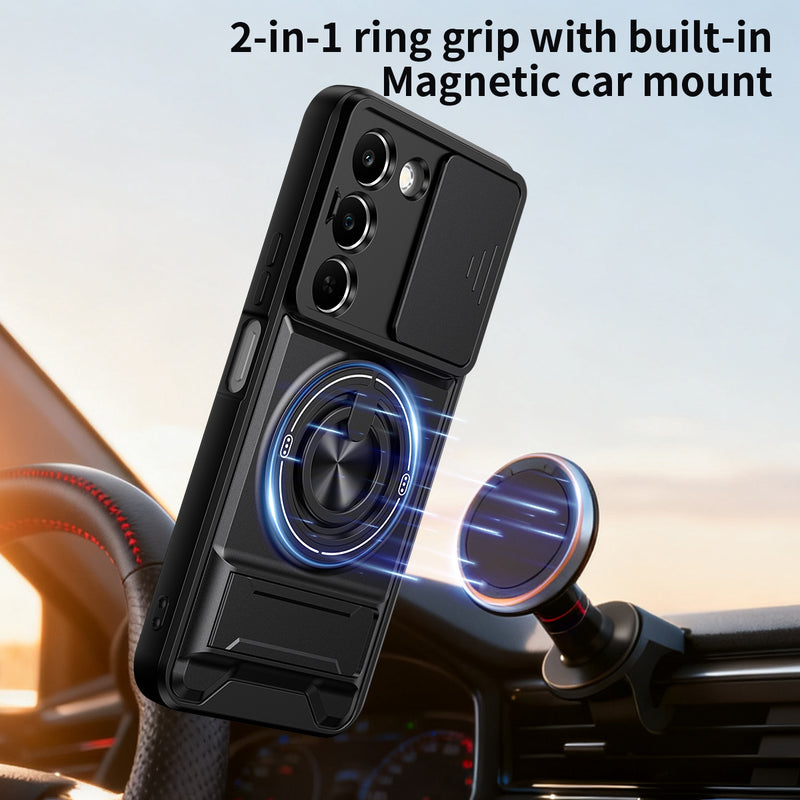 Luxury Slide Camera Lens Cover Case for OPPO Realme C83 5G, Built-in Ring Stand and Folding Stand Magnetic Protective Case