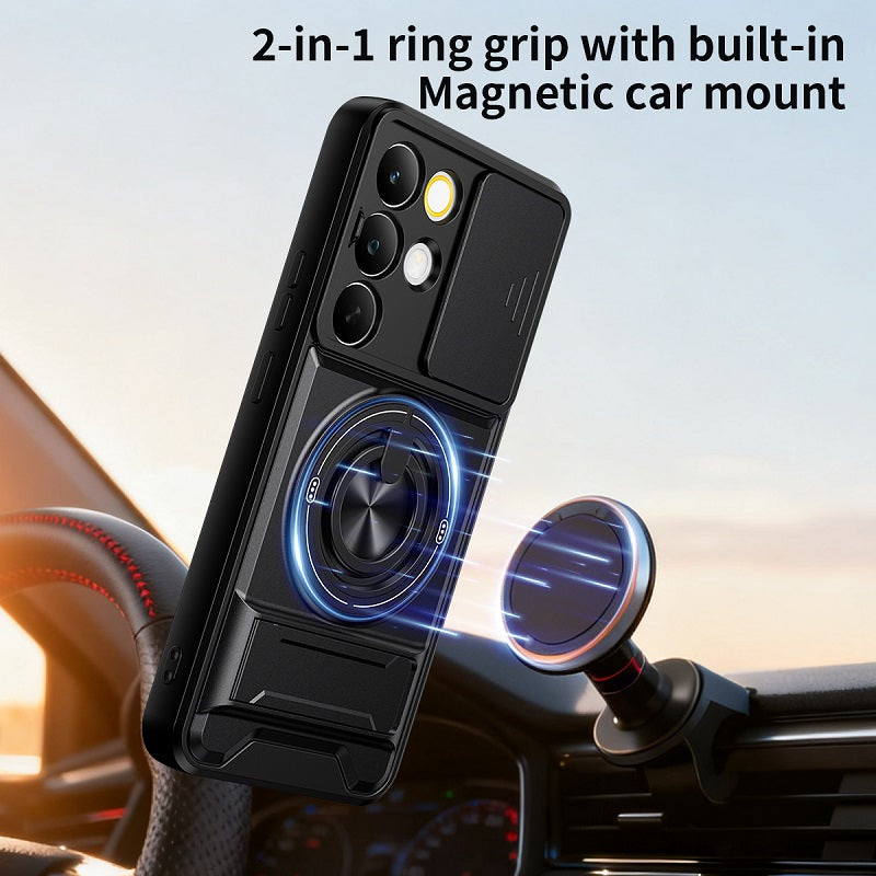 Luxury Slide Camera Lens Cover Case for OPPO Realme C85 Pro 5G, Built-in Ring Stand and Folding Stand Magnetic Protective Case