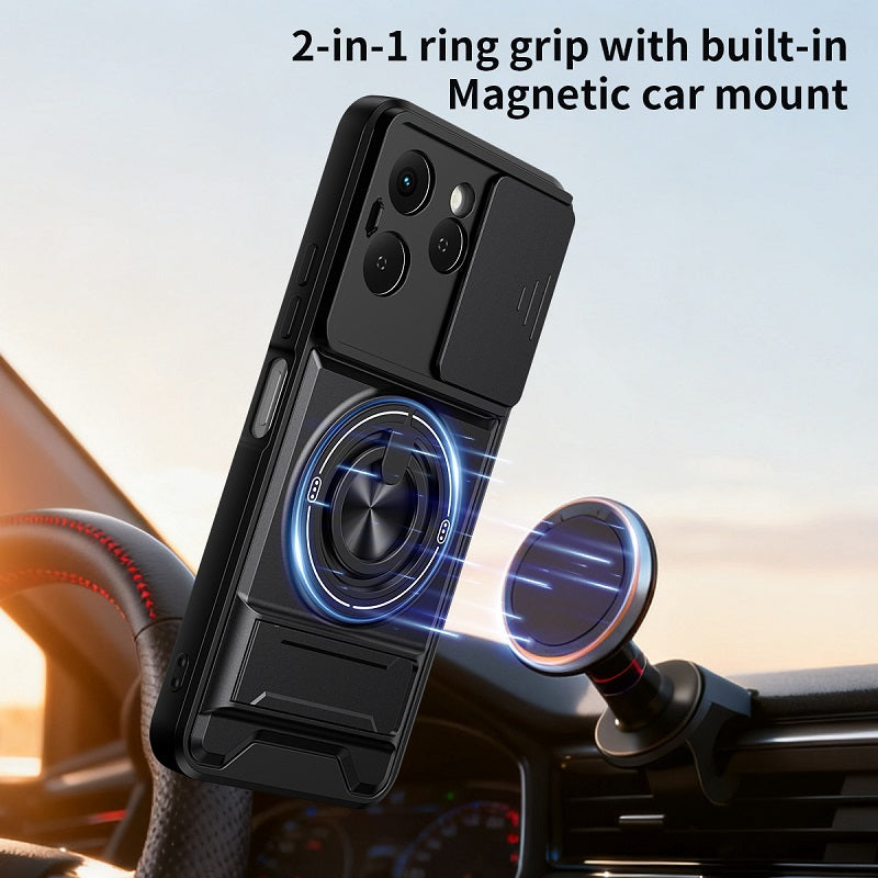 Luxury Slide Camera Lens Cover Case for Tecno Spark 40 4G, Built-in Ring Stand and Folding Stand Magnetic Protective Case