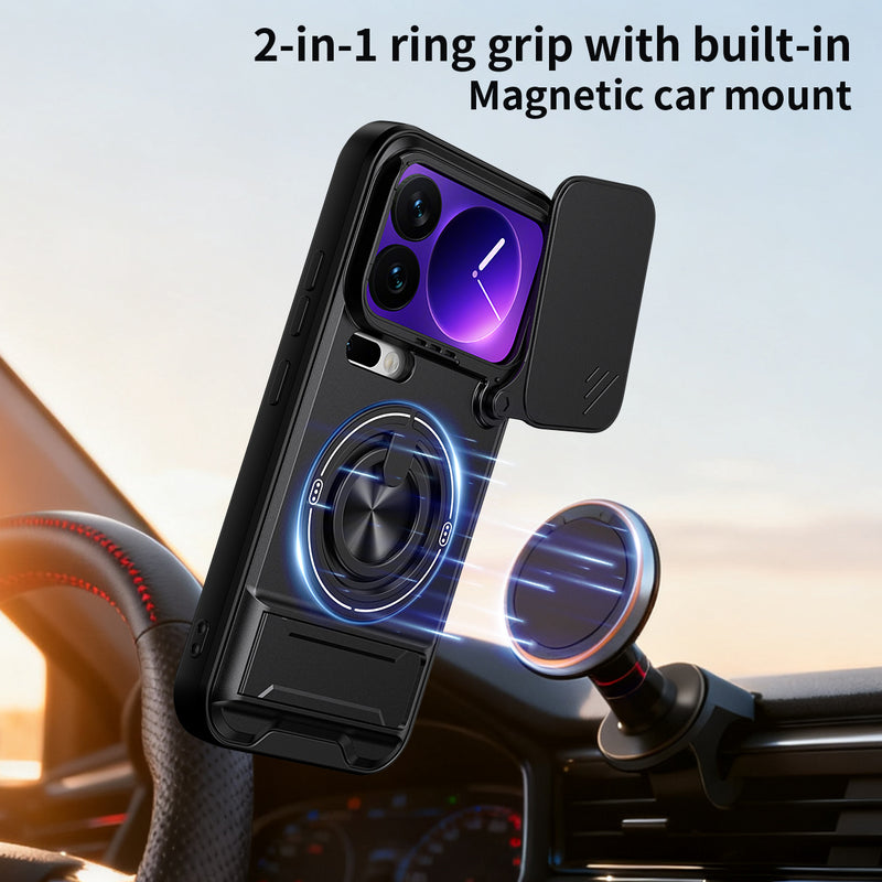 Luxury Slide Camera Lens Cover Case for Xiaomi 17 Pro, Built-in Ring Stand and Folding Stand Magnetic Protective Case