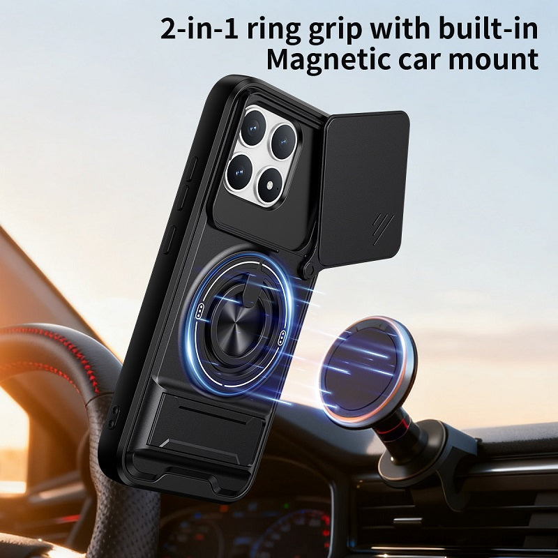 Luxury Slide Camera Lens Cover Case for Xiaomi Poco F8 Pro, Built-in Ring Stand and Folding Stand Magnetic Protective Case