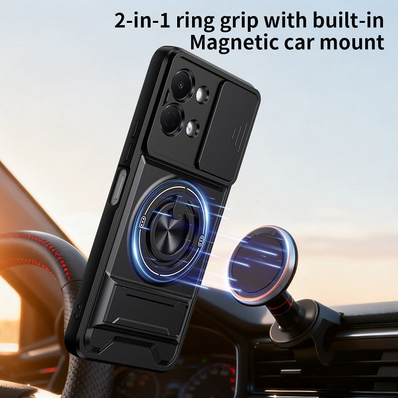 Luxury Slide Camera Lens Cover Case for Tecno Spark Go 3, Built-in Ring Stand and Folding Stand Magnetic Protective Case