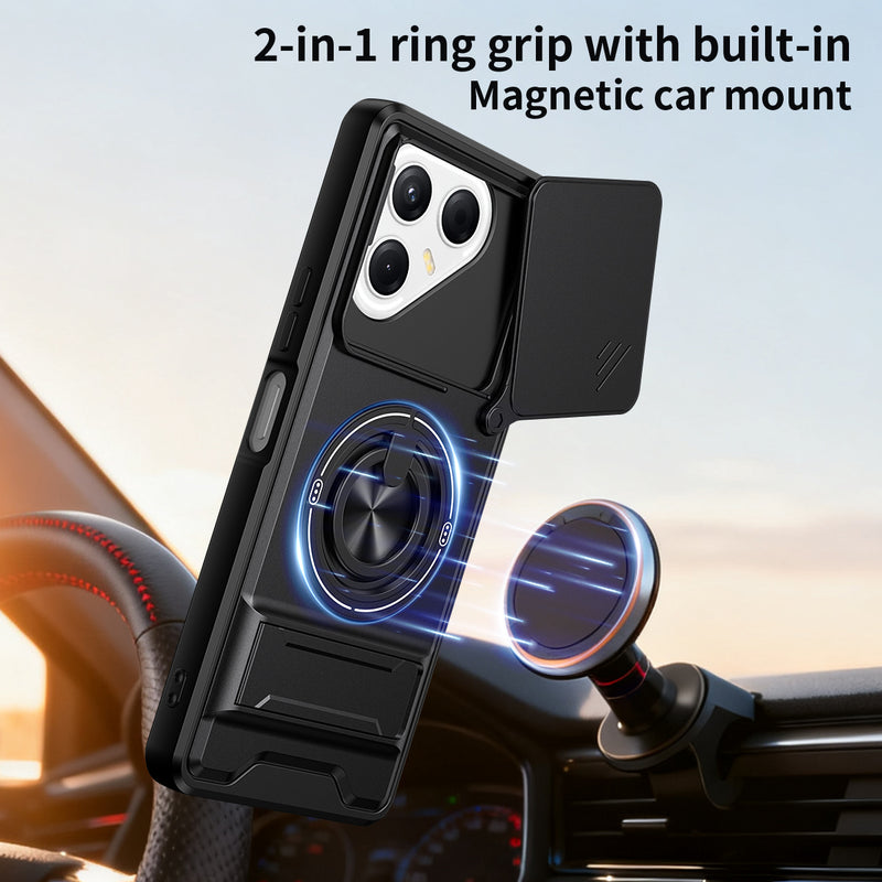 Luxury Slide Camera Lens Cover Case for Tecno Pova 7 5G, Built-in Ring Stand and Folding Stand Magnetic Protective Case
