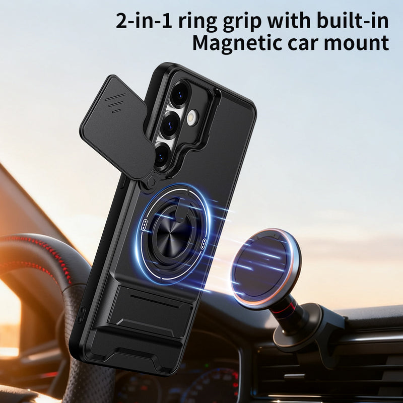 Luxury Slide Camera Lens Cover Case for Samsung Galaxy S25 Plus, Built-in Ring Stand and Folding Stand Magnetic Protective Case