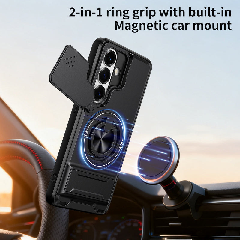 Luxury Slide Camera Lens Cover Case for Samsung Galaxy S26, Built-in Ring Stand and Folding Stand Magnetic Protective Case
