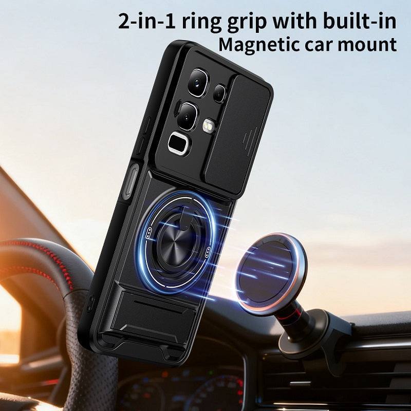 Luxury Slide Camera Lens Cover Case for Infinix Note 50X 5G, Built-in Ring Stand and Folding Stand Magnetic Protective Case