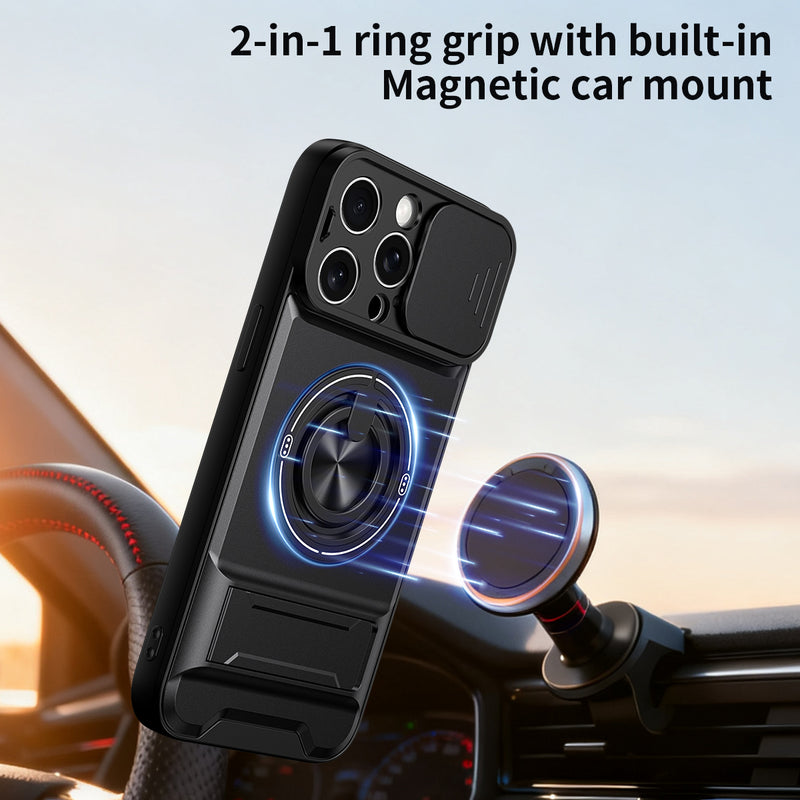 Luxury Slide Camera Lens Cover Case for iPhone 15 Pro Max, Built-in Ring Stand and Folding Stand Magnetic Protective Case