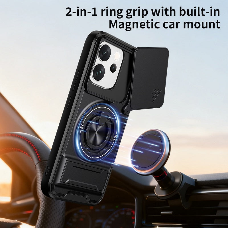 Luxury Slide Camera Lens Cover Case for Vivo V70 5G, Built-in Ring Stand and Folding Stand Magnetic Protective Case