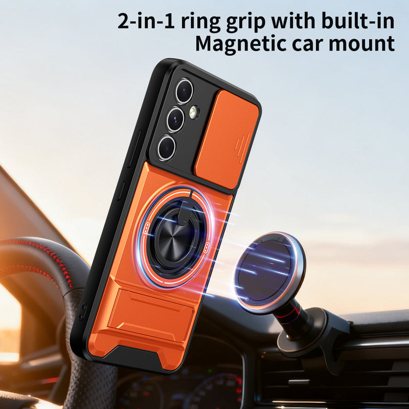 Luxury Slide Camera Lens Cover Case for Samsung Galaxy A54 5G, Built-in Ring Stand and Folding Stand Magnetic Protective Case