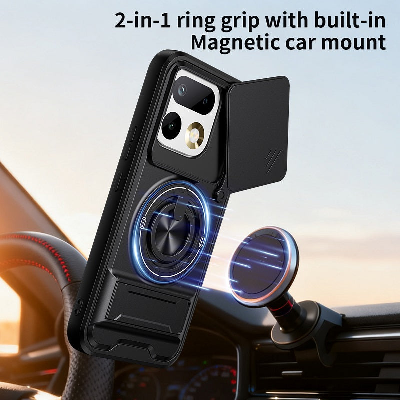 Luxury Slide Camera Lens Cover Case for OPPO Realme 16 Pro 5G, Built-in Ring Stand and Folding Stand Magnetic Protective Case