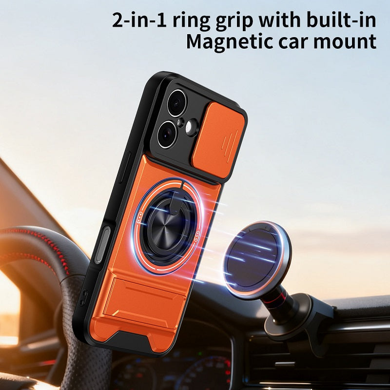 Luxury Slide Camera Lens Cover Case for iPhone 17, Built-in Ring Stand and Folding Stand Magnetic Protective Case