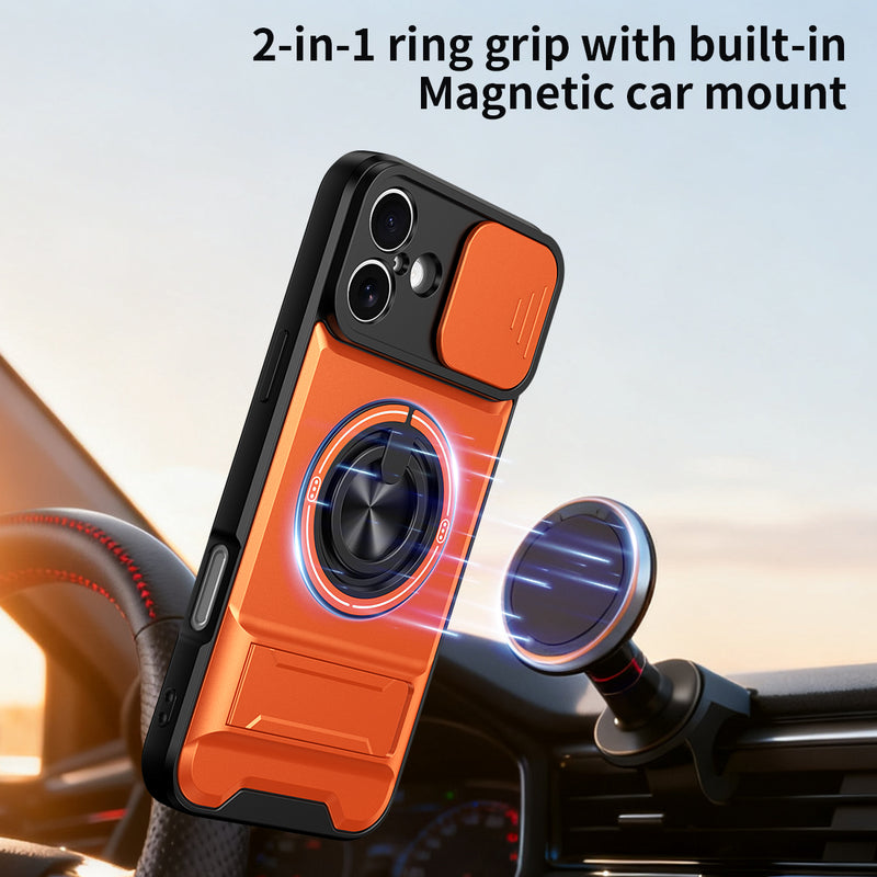 Luxury Slide Camera Lens Cover Case for iPhone 16 Plus, Built-in Ring Stand and Folding Stand Magnetic Protective Case