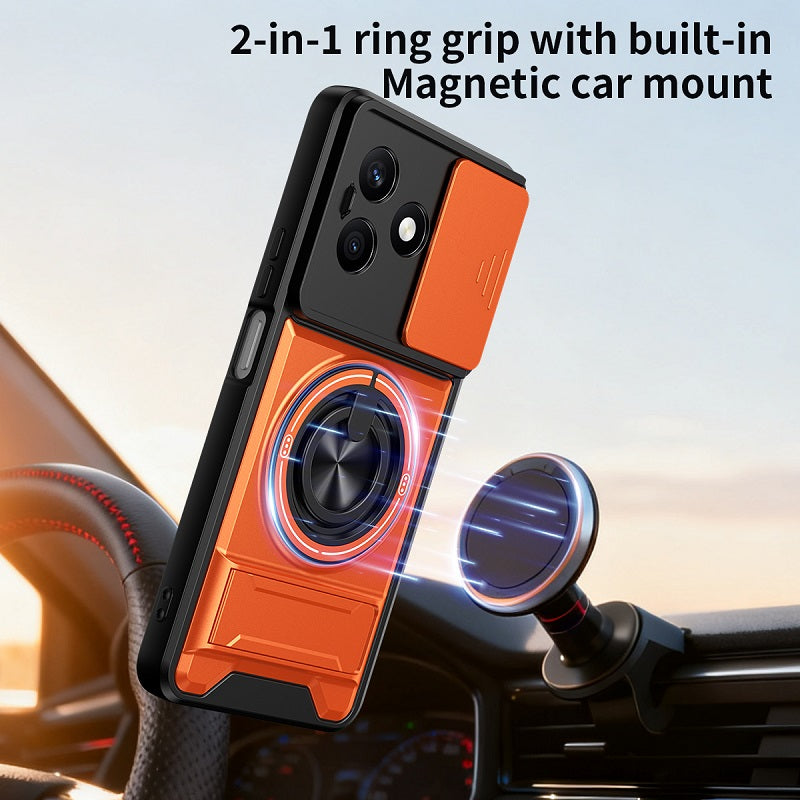 Luxury Slide Camera Lens Cover Case for Honor X8D, Built-in Ring Stand and Folding Stand Magnetic Protective Case