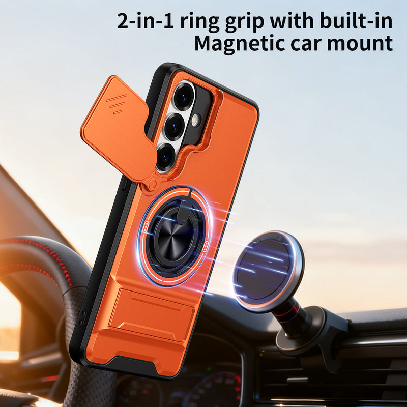Luxury Slide Camera Lens Cover Case for Samsung Galaxy S26 Plus, Built-in Ring Stand and Folding Stand Magnetic Protective Case