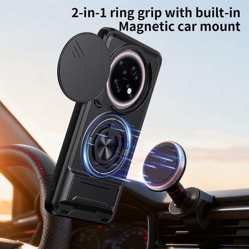 Luxury Slide Camera Lens Cover Case for OPPO F31 Pro+/OPPO A6 GT, Built-in Ring Stand and Folding Stand Magnetic Protective Case