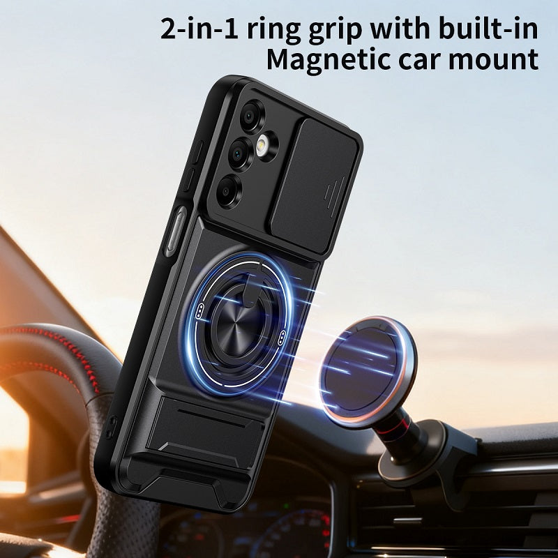 Luxury Slide Camera Lens Cover Case for Samsung Galaxy A15 5G/4G, Built-in Ring Stand and Folding Stand Magnetic Protective Case